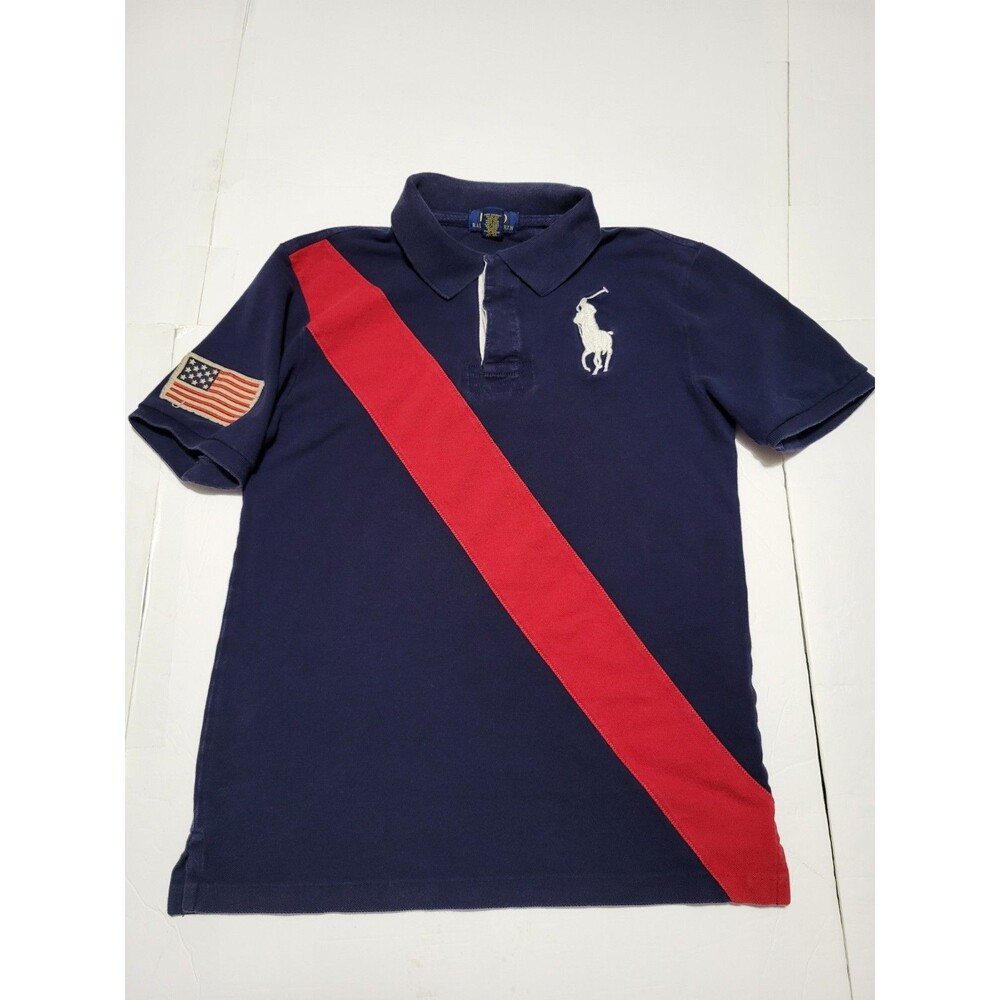 (#18) Polo By Ralph Lauren Short Sleeve Size Kid's M(10-12) Blue With Red Stripe